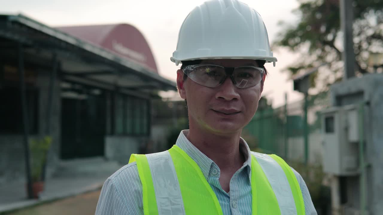 亚洲工程师或建筑师的肖像戴着安全帽，在建筑工地，对着镜头微笑视频素材