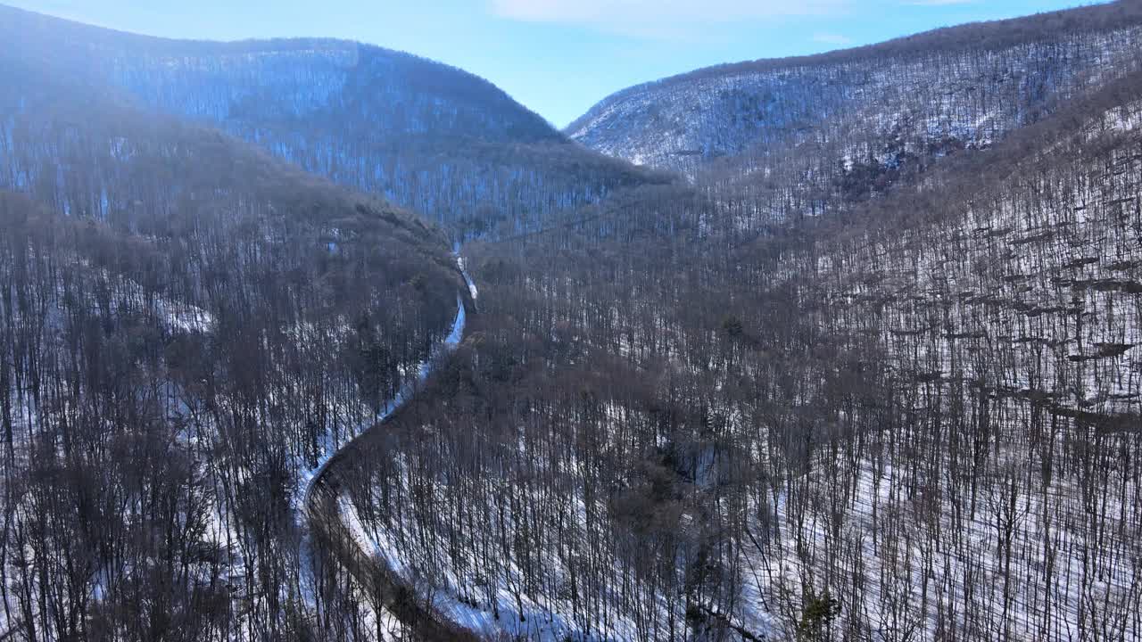 一架无人机拍摄的晴朗的雪山山谷，蓝天和一些云彩视频素材