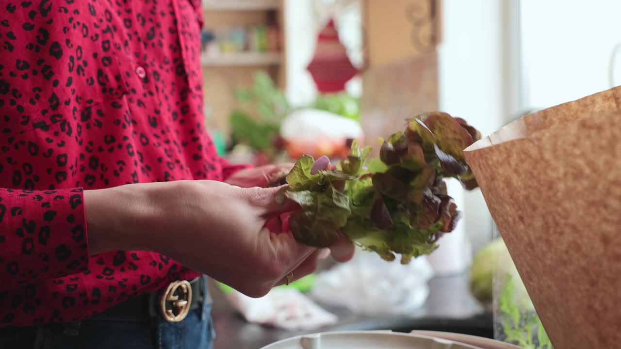 在厨房里做早餐沙拉的女人。视频素材