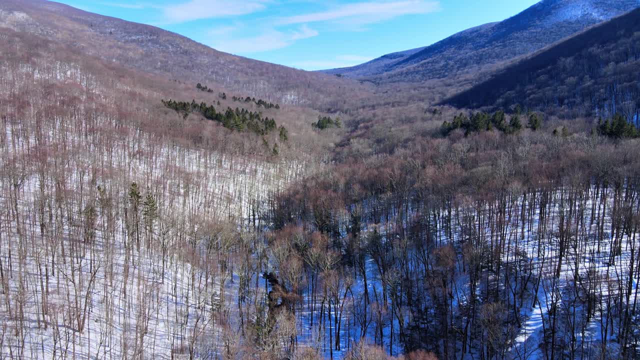 一架无人机拍摄的晴朗的雪山山谷，蓝天和一些云彩视频素材