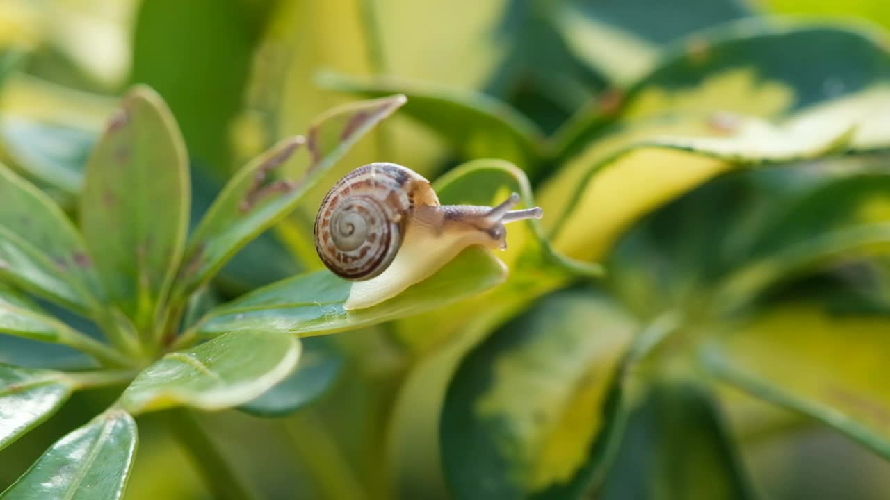 野生动物蜗牛爬行于植物叶片上，是天然的春季生态系统，大型动物视频素材