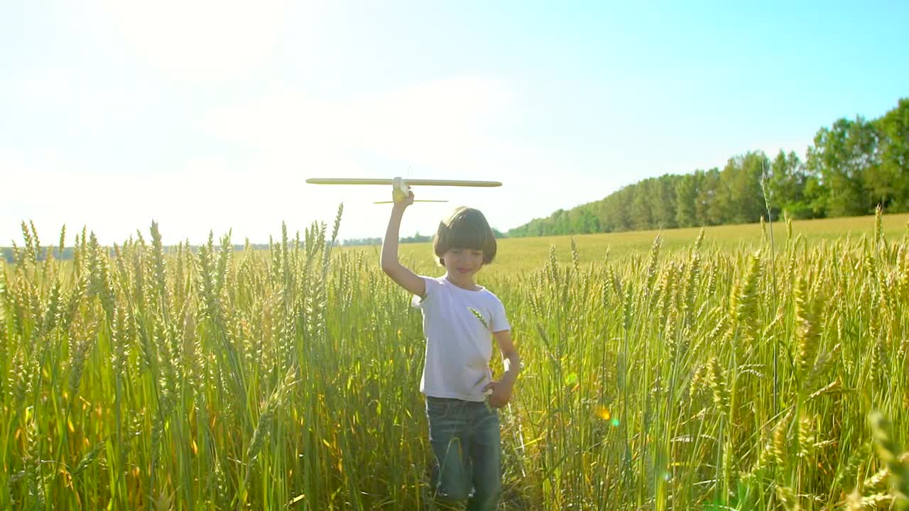 快乐的小男孩和玩具飞机在麦田在日落。孩子们在夏天的户外玩飞机。梦想飞行的小飞行员，和幸福的家庭一起度假。大的梦想视频素材