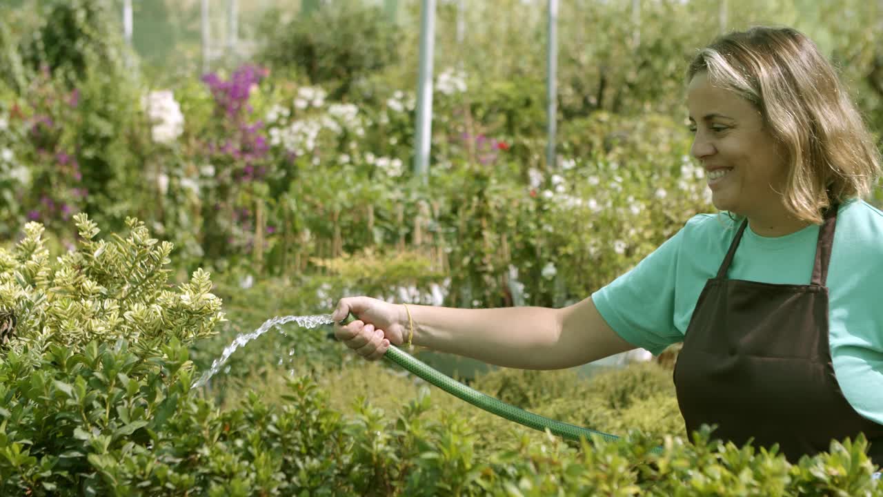 快乐温室女园丁浇灌植物视频素材