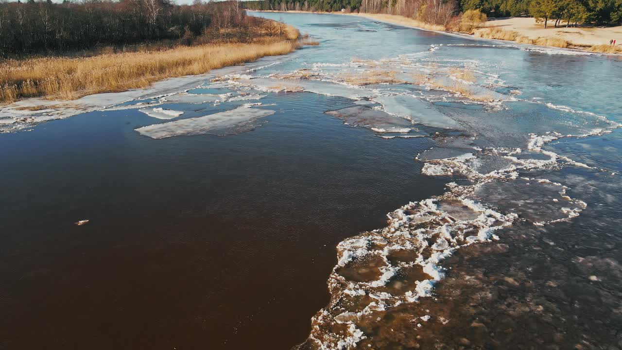 低空飞行:春季空中，江河入海融雪冰视频素材