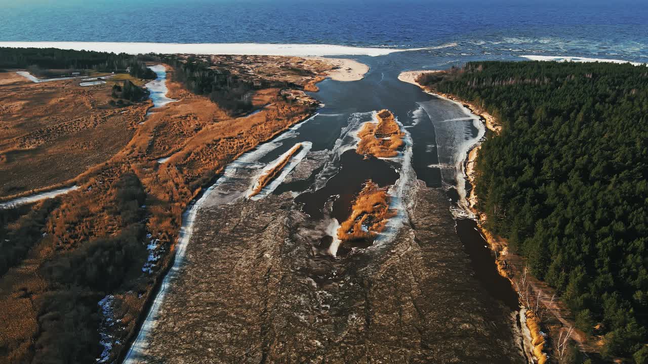 高角度:春江入海融雪冰视频素材