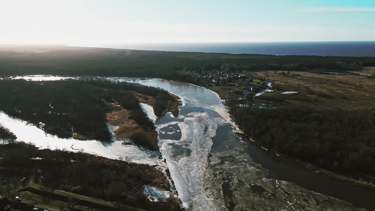 高佳河与融化的雪和冰与波罗的海海湾的背景在春天的空中视频素材