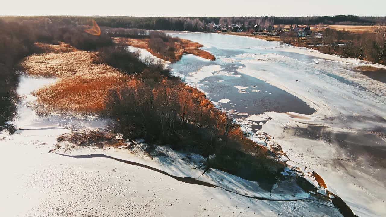 美丽的鸟瞰图，融化的冰雪在春天的河流视频素材