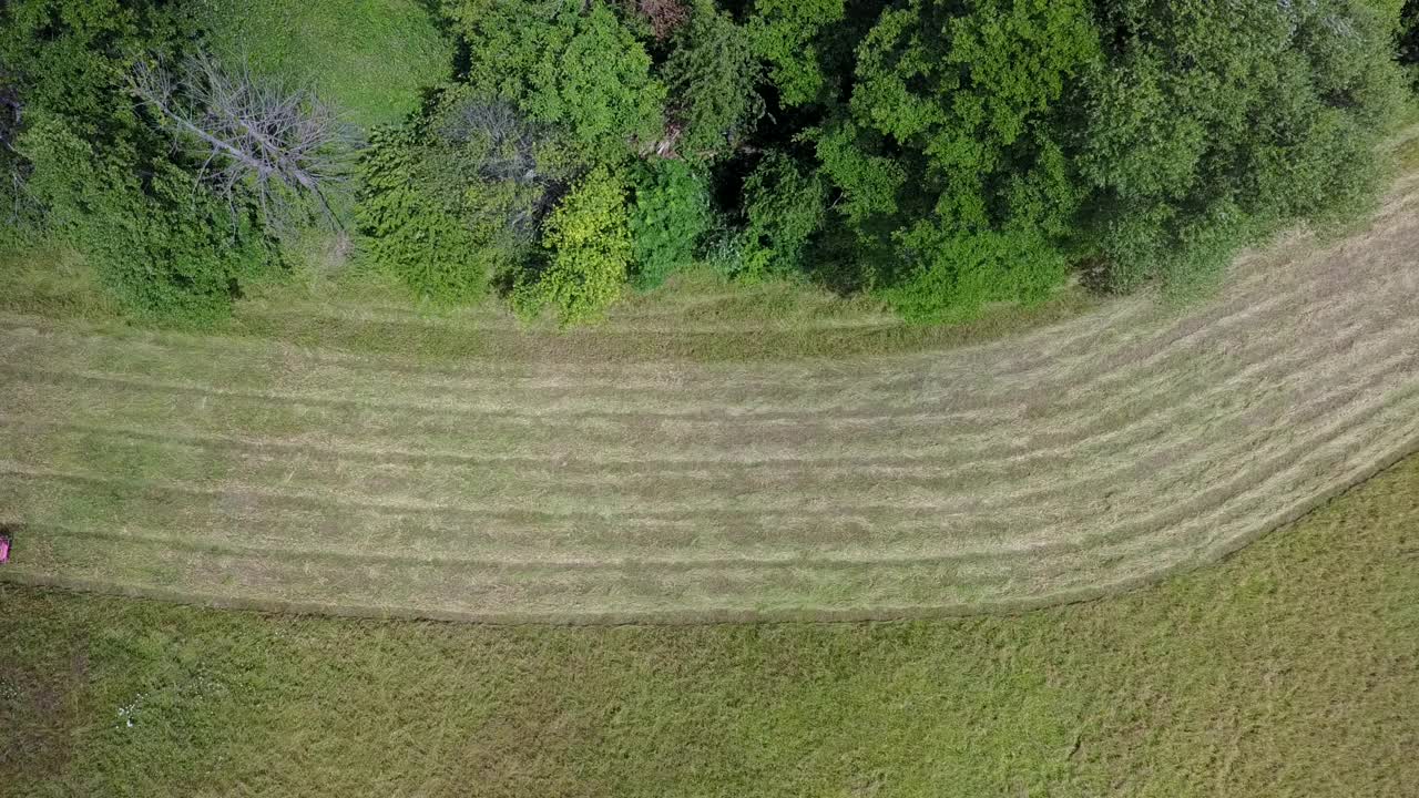 航拍的拖拉机割草的田野在夏天。牧场景观，农场景观视频下载