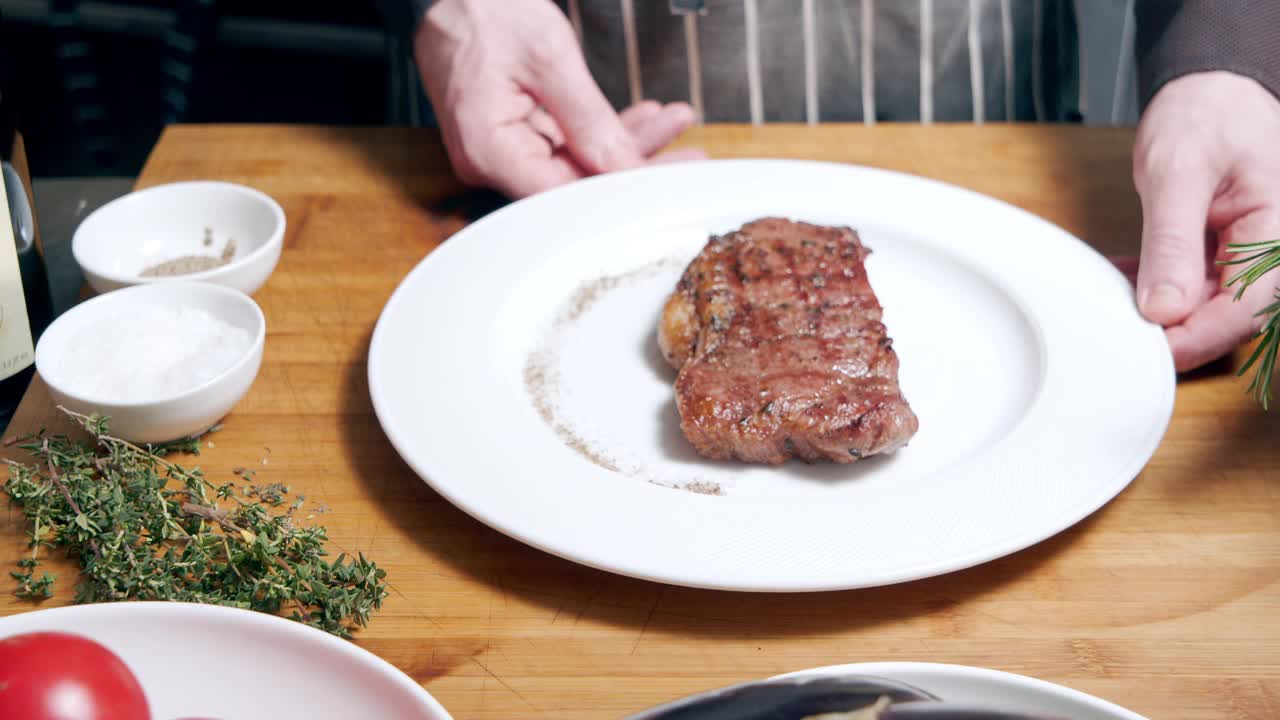 特写的烤大理石牛排与香料和香草在一个白色盘子。在餐厅做饭视频素材