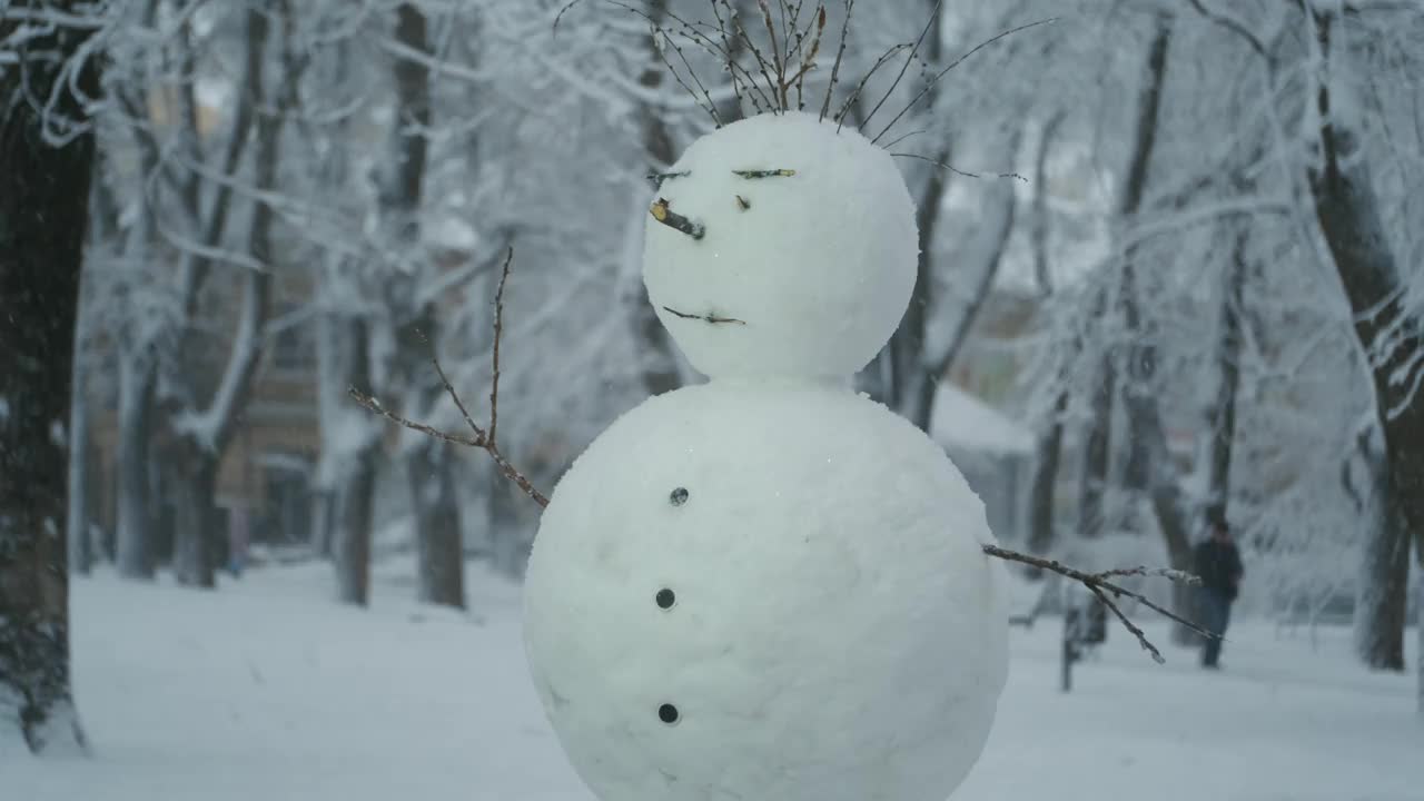 快乐有趣的雪人特写肖像，在一个强降雪的背景。视频素材