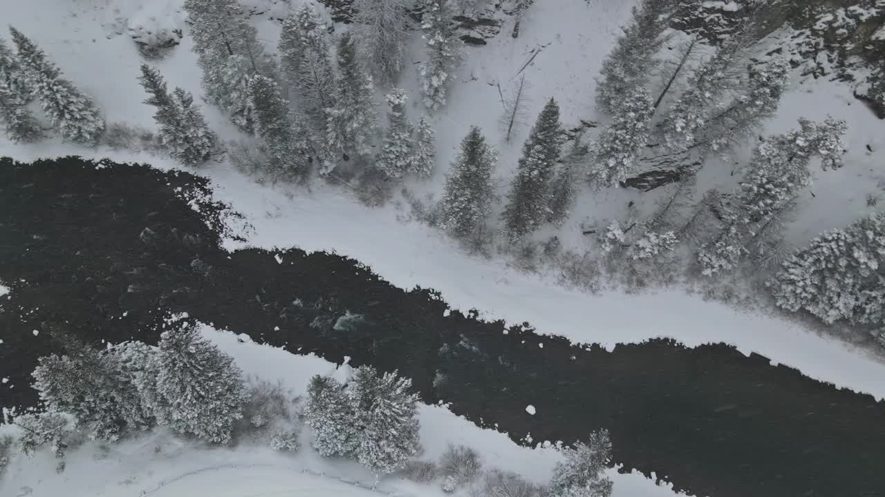 北黄石河与雪，它的雪覆盖视频素材