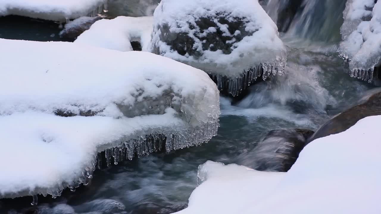 冰冻流动小溪与冰柱循环视频素材