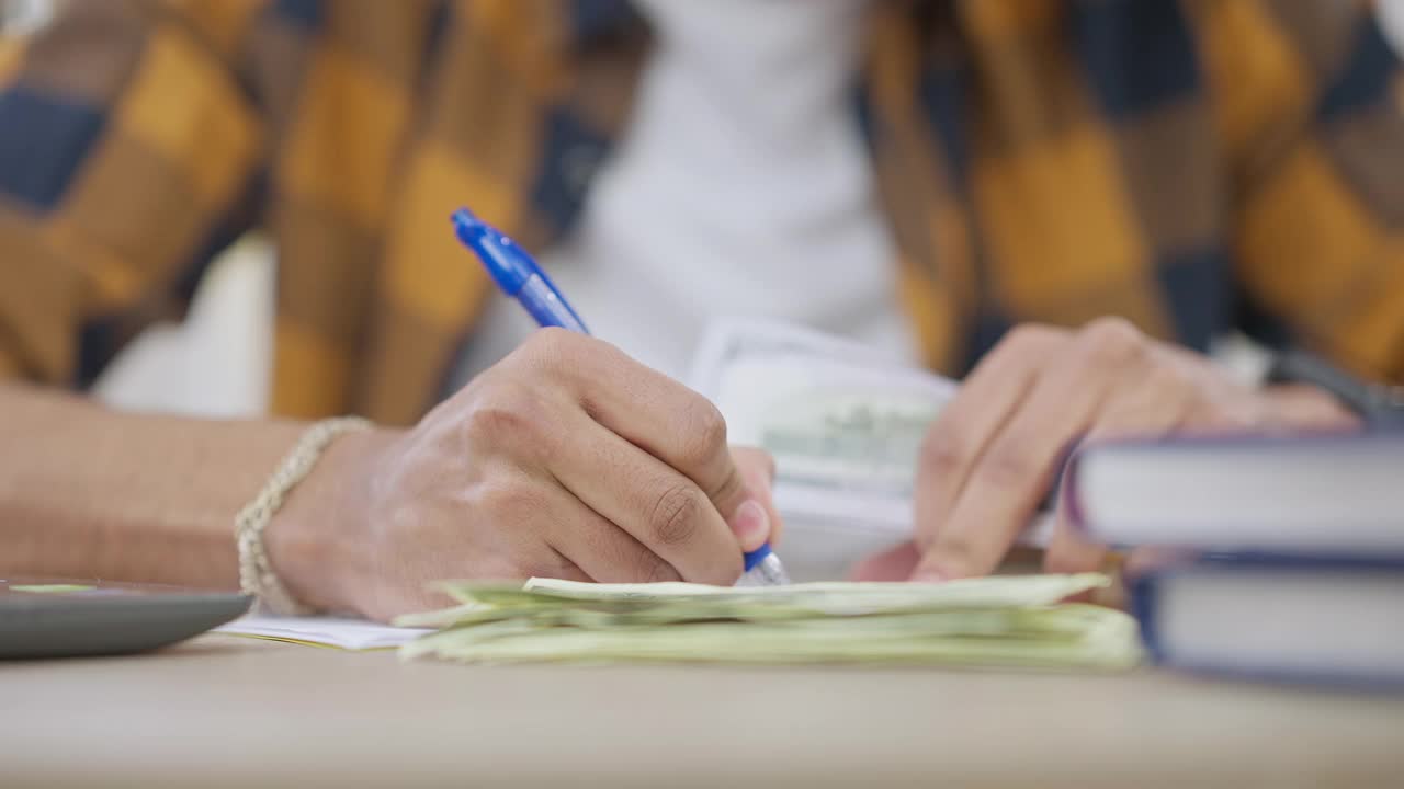 男性的手在纸上写字和数钱的特写。一个面目全的中东年轻人坐在家里的桌子前计算着收入。财富和金融概念。视频素材