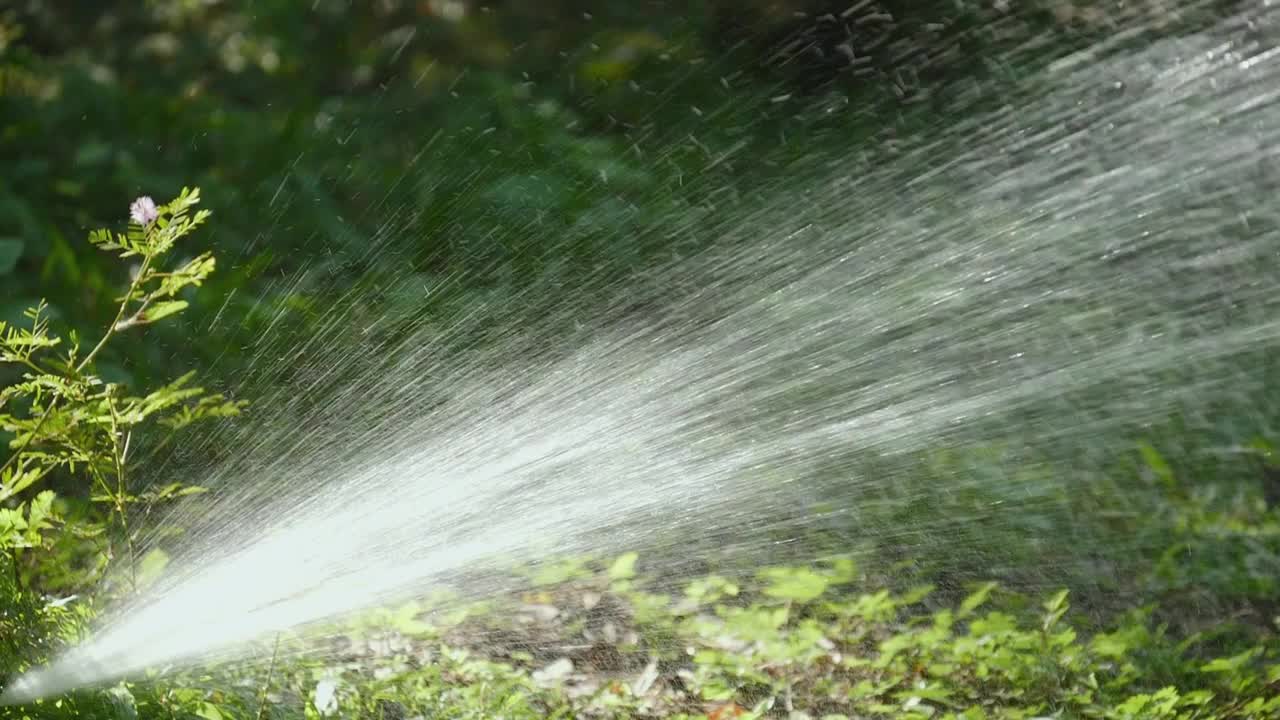 慢动作拍摄的草地浇水在公园早上的阳光，供水概念。视频素材