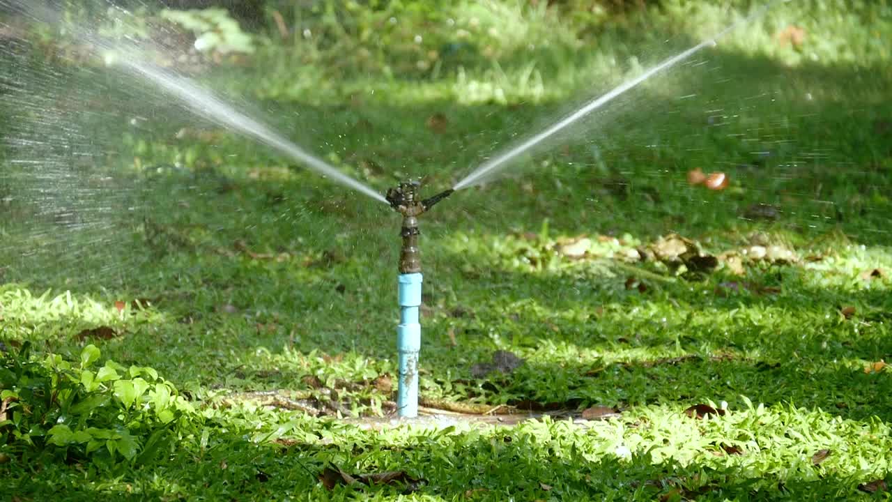 慢镜头拍摄在早晨有阳光的公园里浇草，供水的概念。视频素材