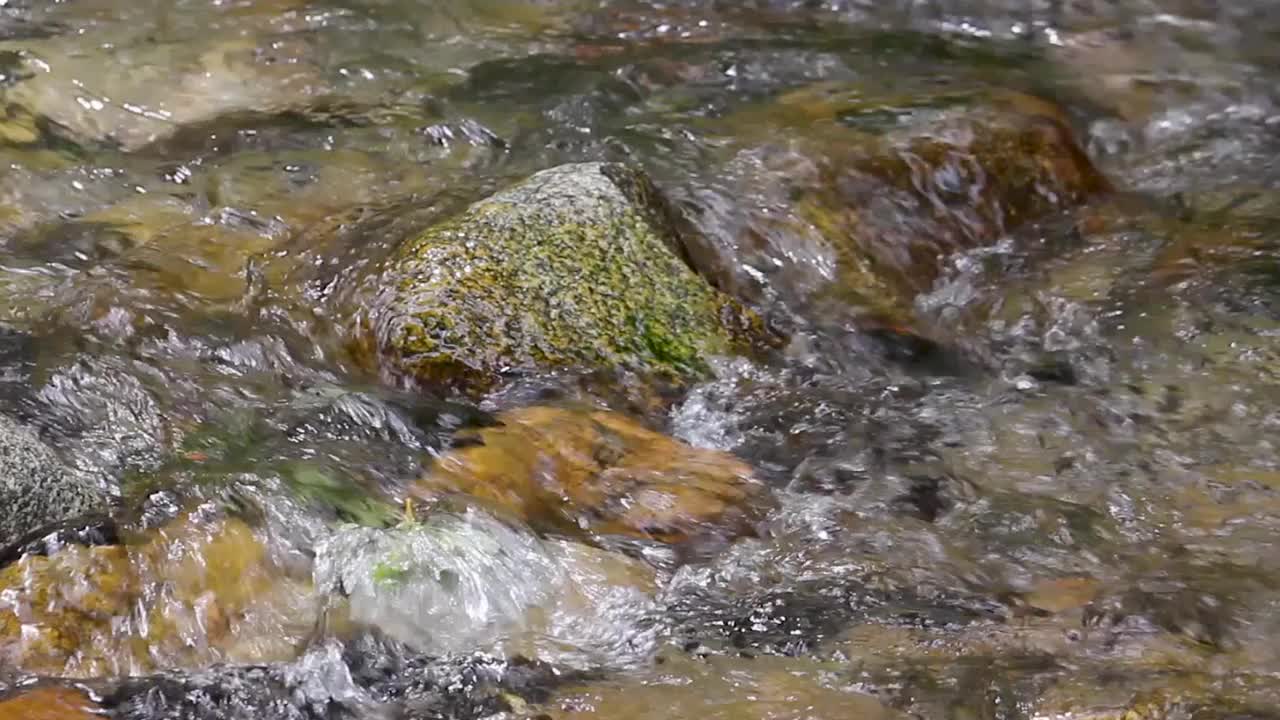 湍急的山河中，水流过石头。自然背景。视频素材