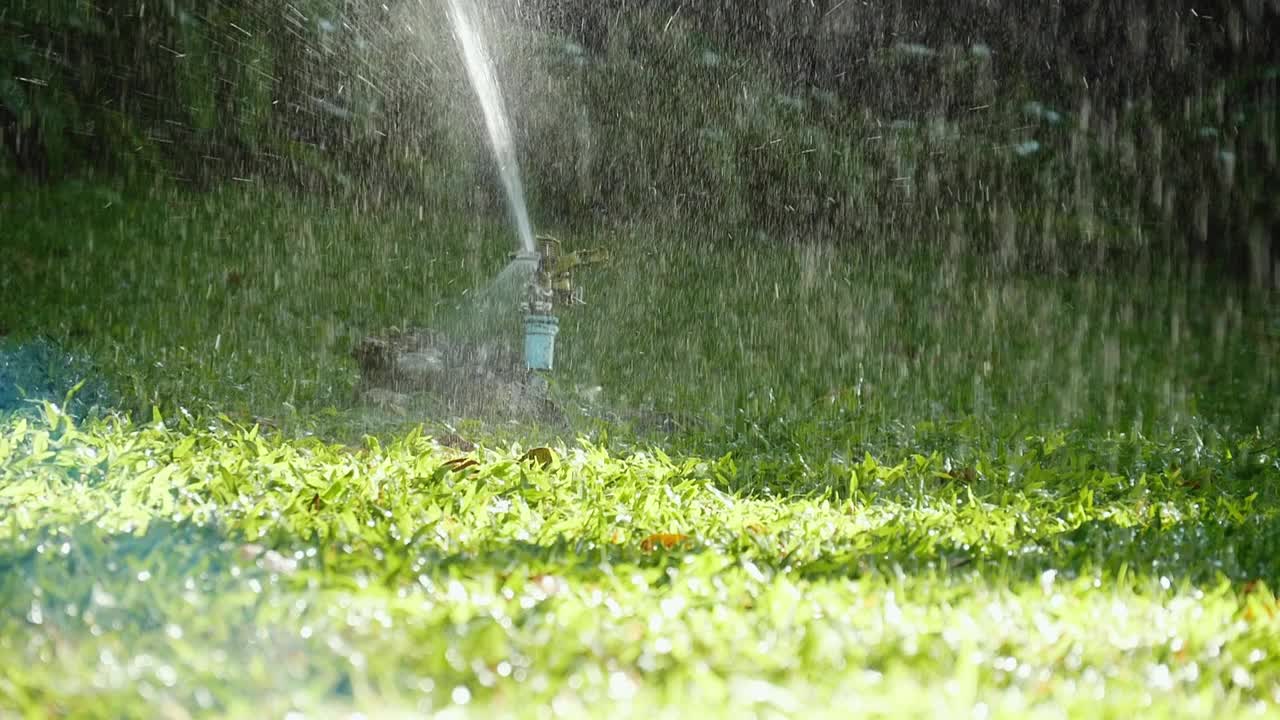 慢镜头拍摄在早晨有阳光的公园里浇草，供水的概念。视频素材