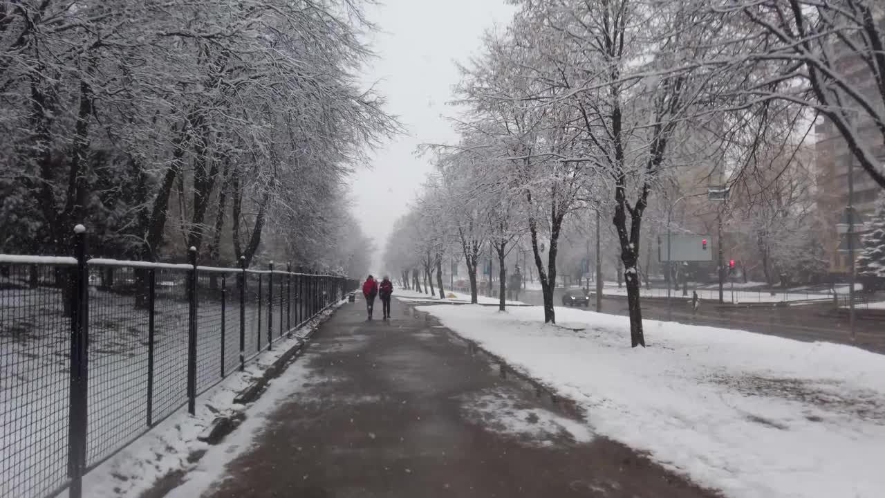 飘落的雪花映衬着城市的街道和道路。视频素材