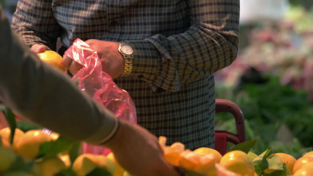 女人挑选并把橘子装在塑料袋里。视频素材