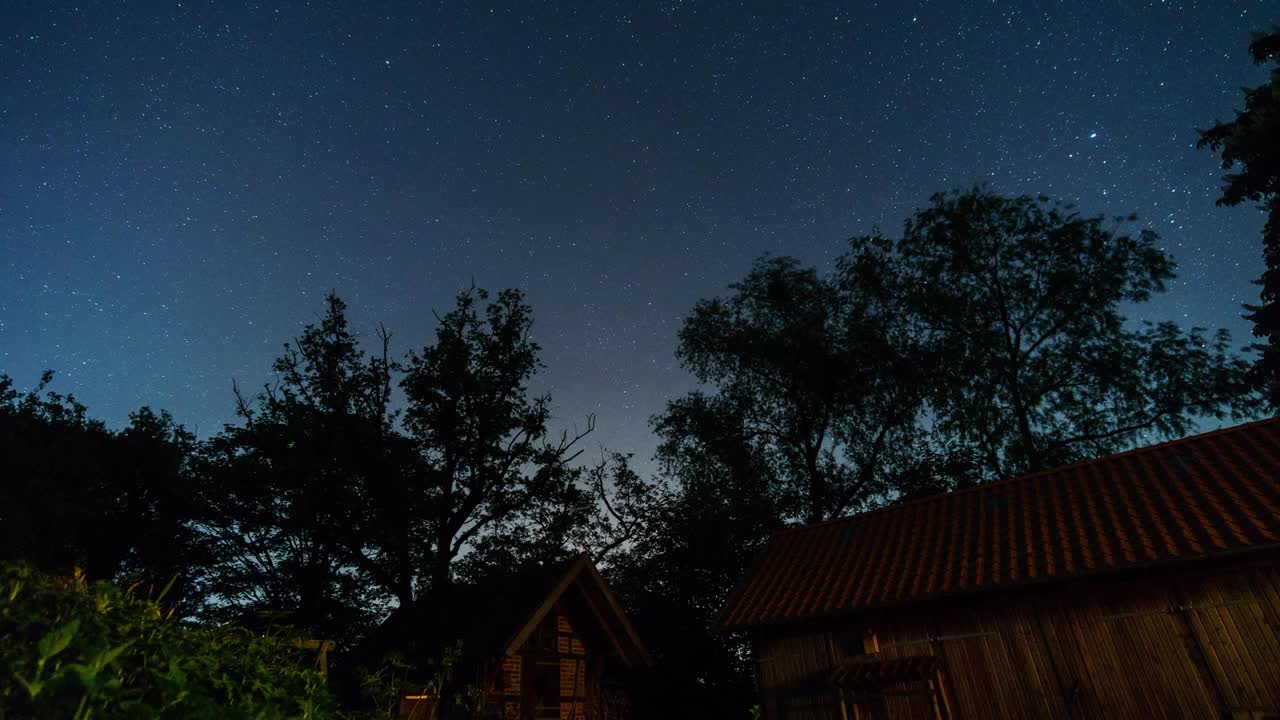 在农场建筑上方，星星作为圆形轨迹在北方方向到北极星的运动视频素材