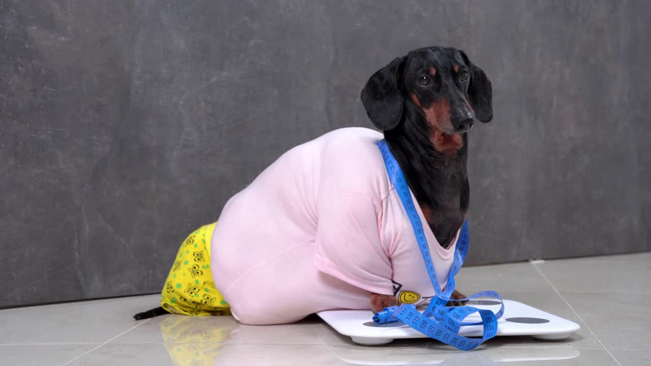 饥饿超重的腊肠犬在开始饮食和强化训练前，会坐在秤上，用灵活的尺子来控制体重和测量身体体积。肥胖和糖尿病的常见问题视频素材