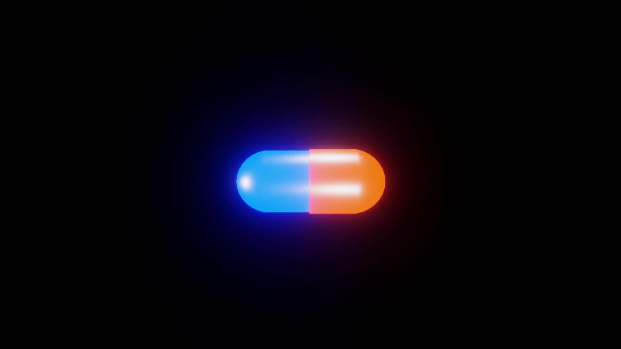 发光的蓝色和橙色的医药胶囊药丸在黑色的背景3D渲染视频素材