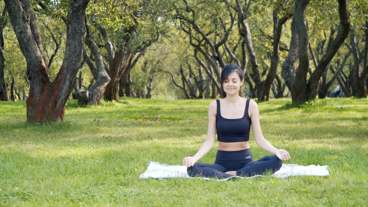 年轻漂亮的女人穿着运动服坐在公园的草地上做伸展运动。瑜伽和健康的生活方式概念。视频素材