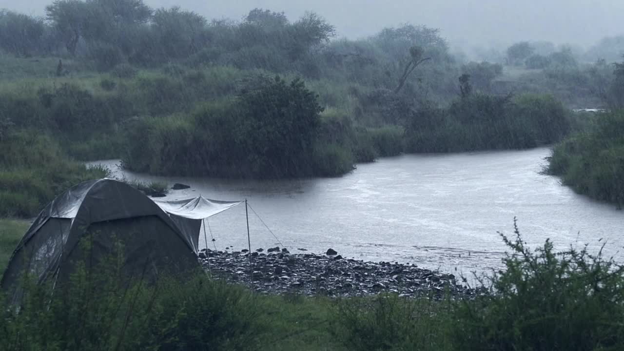 在肯尼亚的狩猎露营中，在雨季恶劣的天气中拍摄全雨视频素材