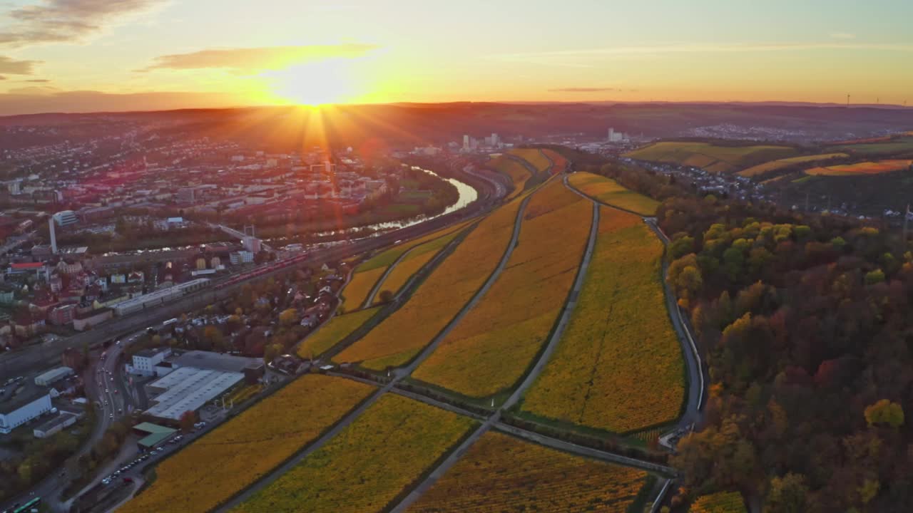 鸟瞰图，金色葡萄园的秋天从上方，地区Mainfranken,Würzburg，德国视频下载