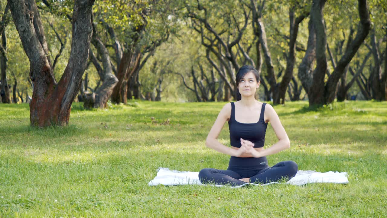 年轻迷人的女人穿着运动服坐在公园的草地上做伸展运动。瑜伽和健康生活方式的概念。视频素材