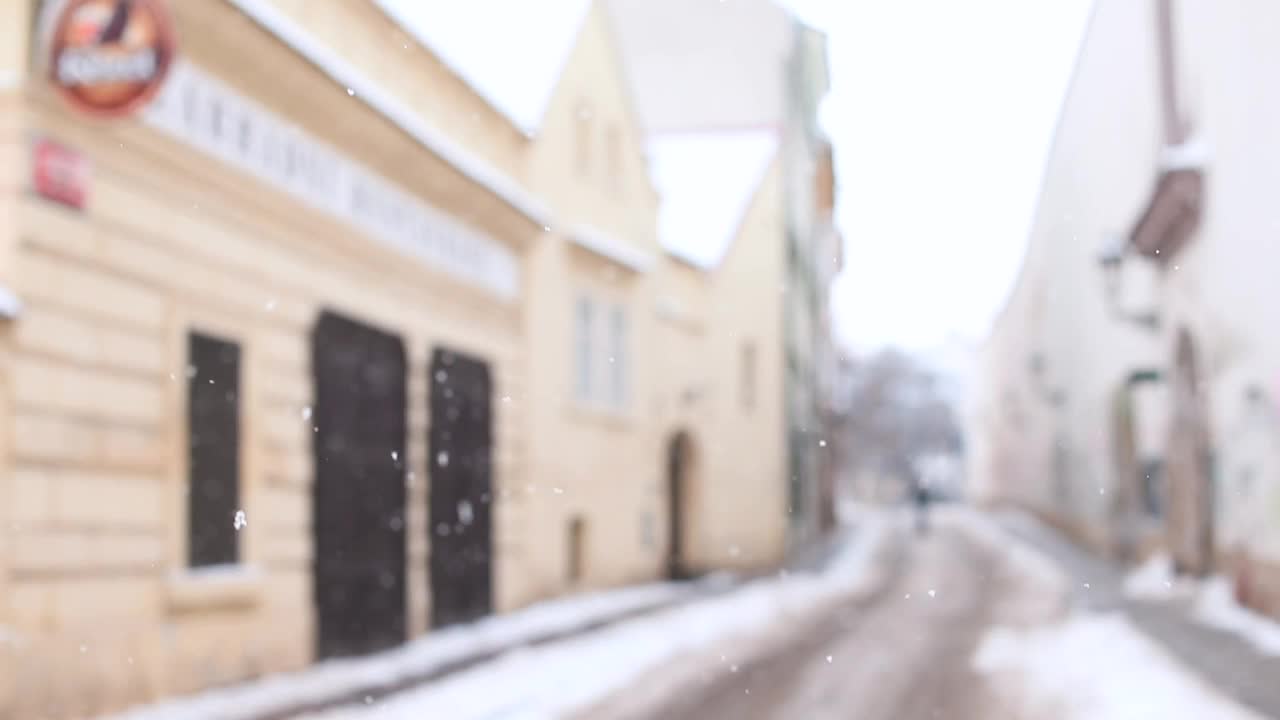 雪花飘落的冬日街道白天。安静的街道氛围。安静的一天。视频素材