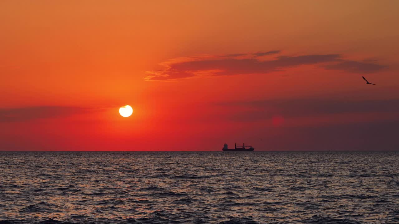 海面上的日出，海面上的帆船视频素材