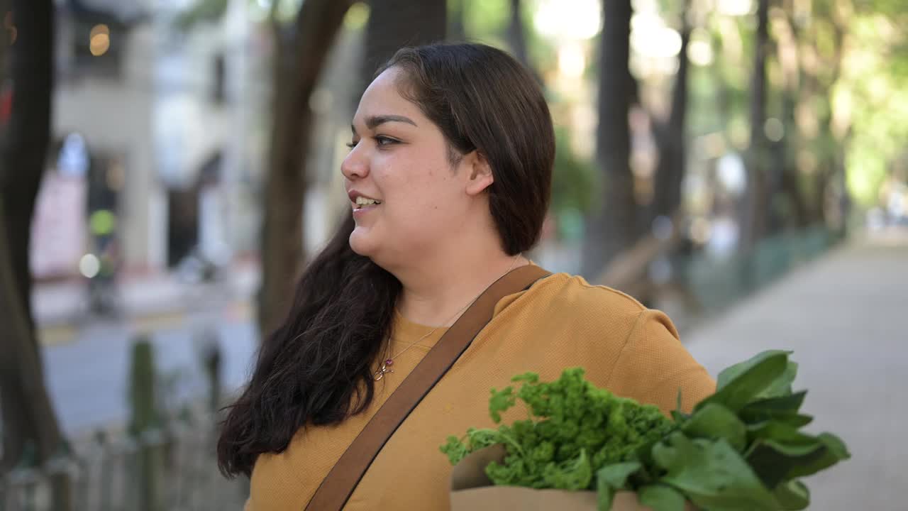 带着满满一袋蔬菜走回家的女人视频素材