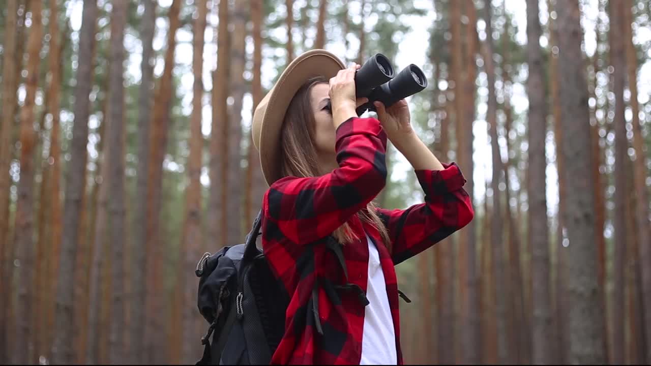 一位女游客在森林里用双筒望远镜看东西。概念的徒步旅行,旅游。视频下载