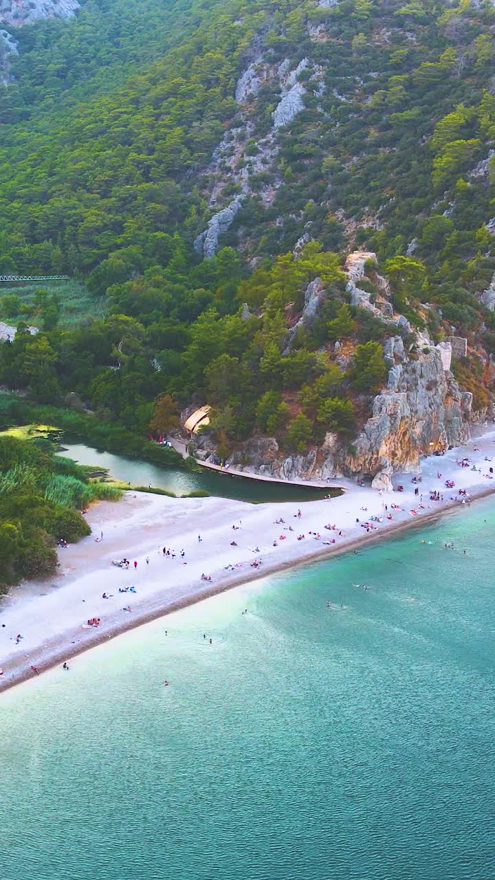 空中垂直视频海滩视图，海滩和游泳的人，背景视频视频素材