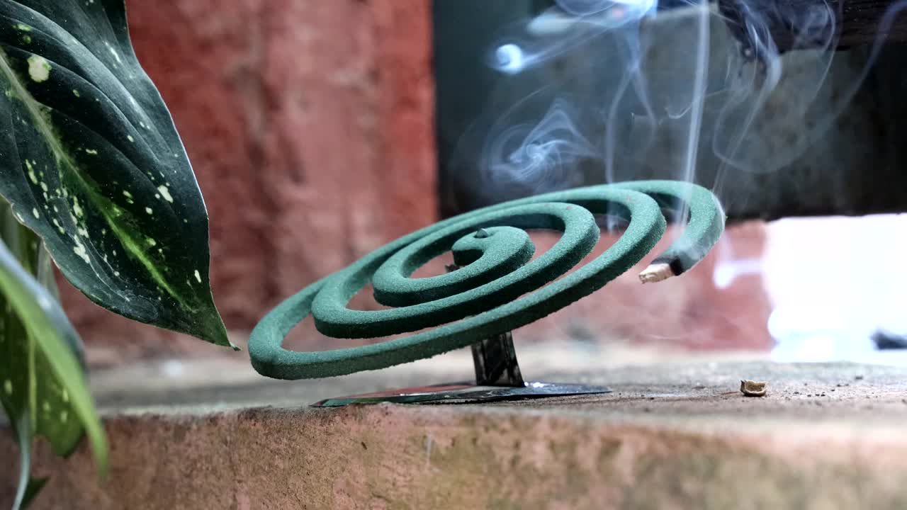 在户外设置燃烧带有烟雾的驱蚊盘，以驱蚊视频素材