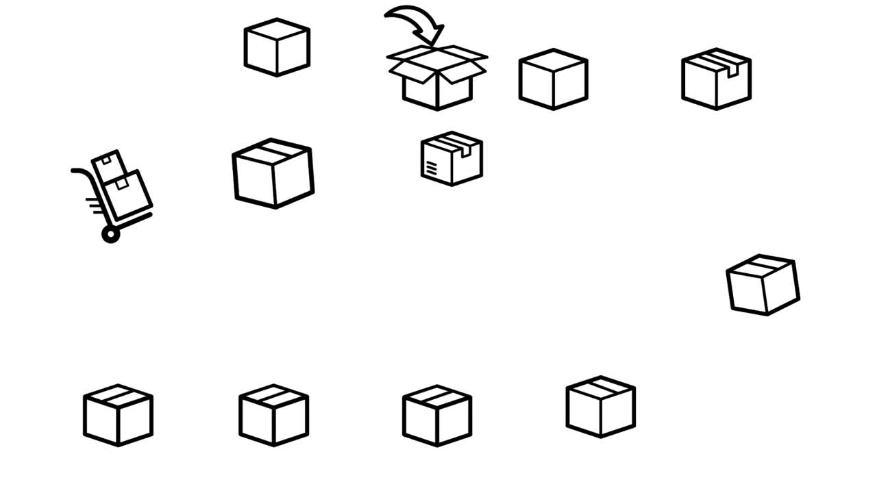 包裹护理标准步骤的交付服务在图标动画。保护商品、保险和退货。视频下载