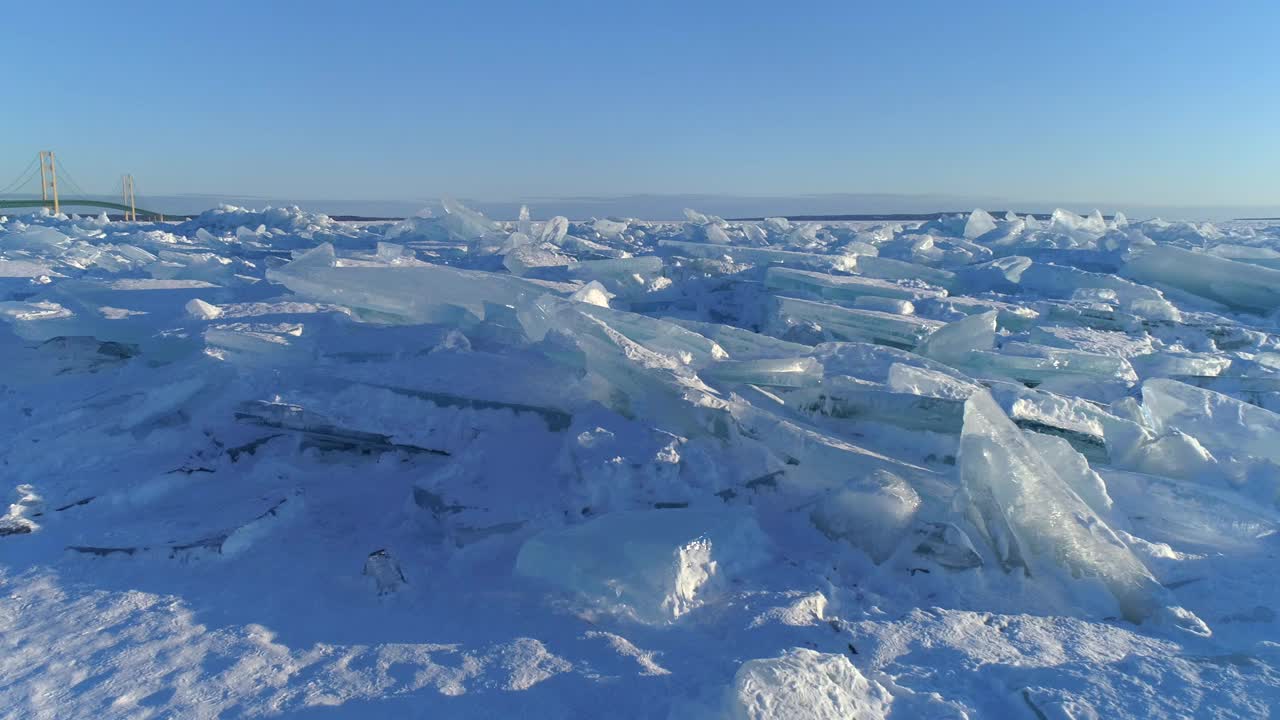 密歇根州麦基诺海峡的冬季冰无人机鸟瞰图视频素材