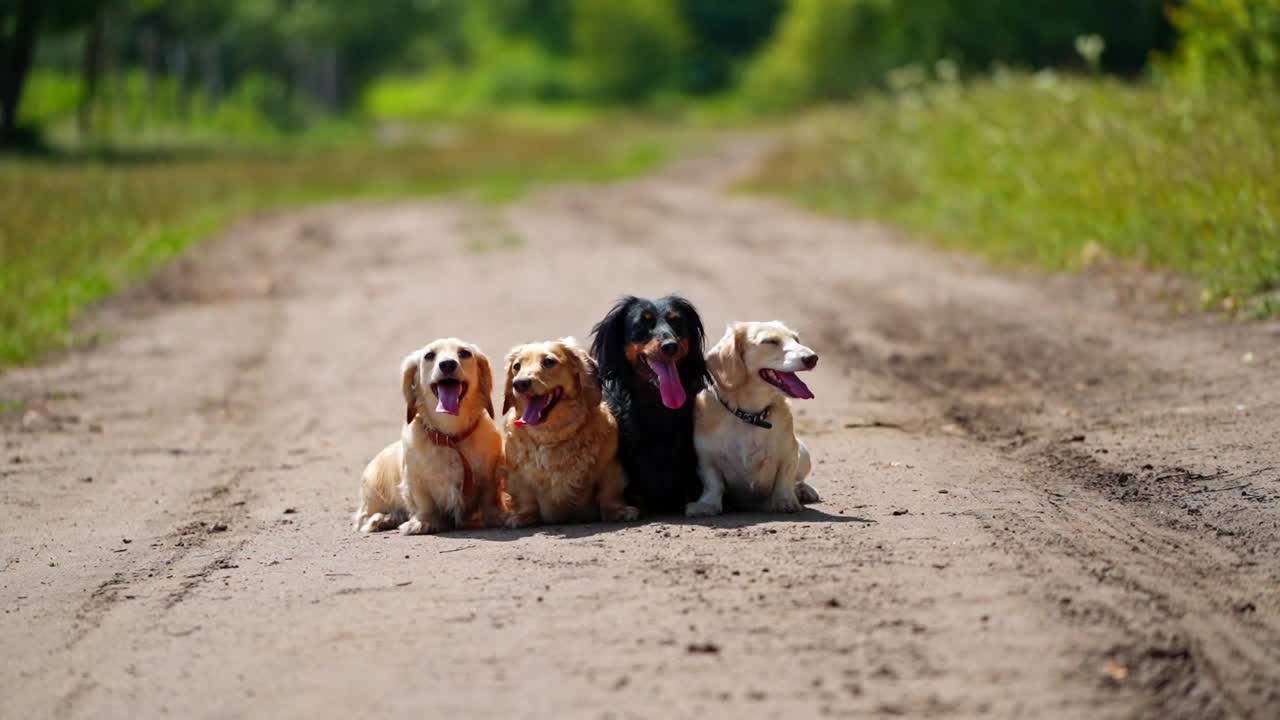 宠物动物在户外。明亮的夏日里，一群腊肠犬坐在路上。四只可爱的狗在街上休息。视频素材