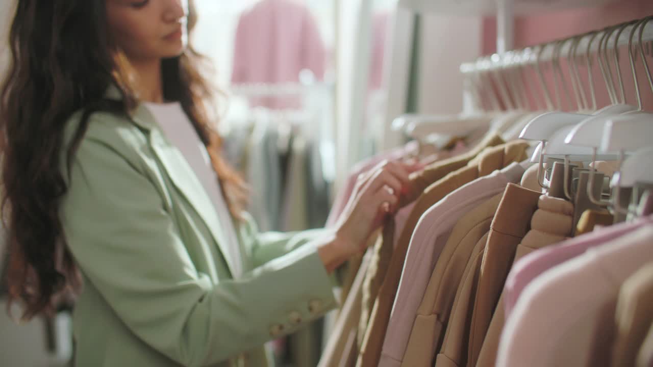 女性手拔衣架在服装店挑选衣服的特写。黑发女人的手在购物中心买衣服的架子上跑。促销和购物概念视频素材