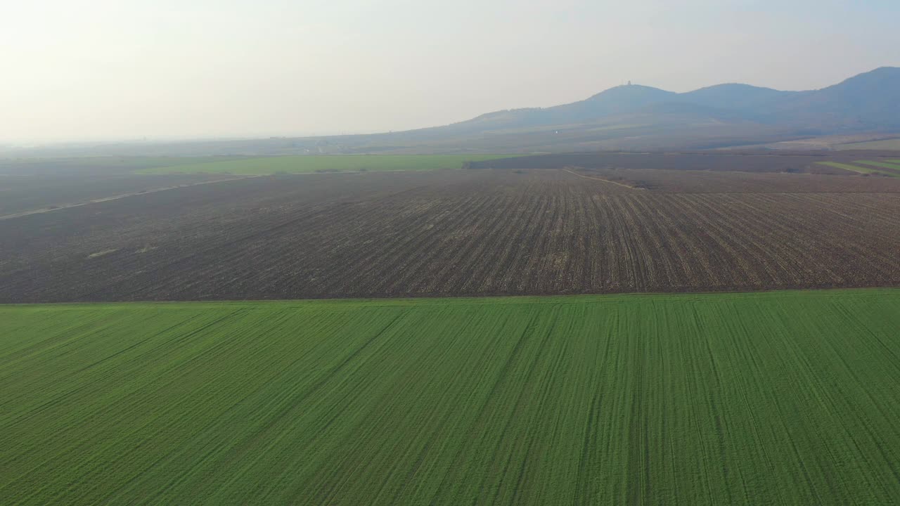 飞过几座小山下面的大片麦田视频素材