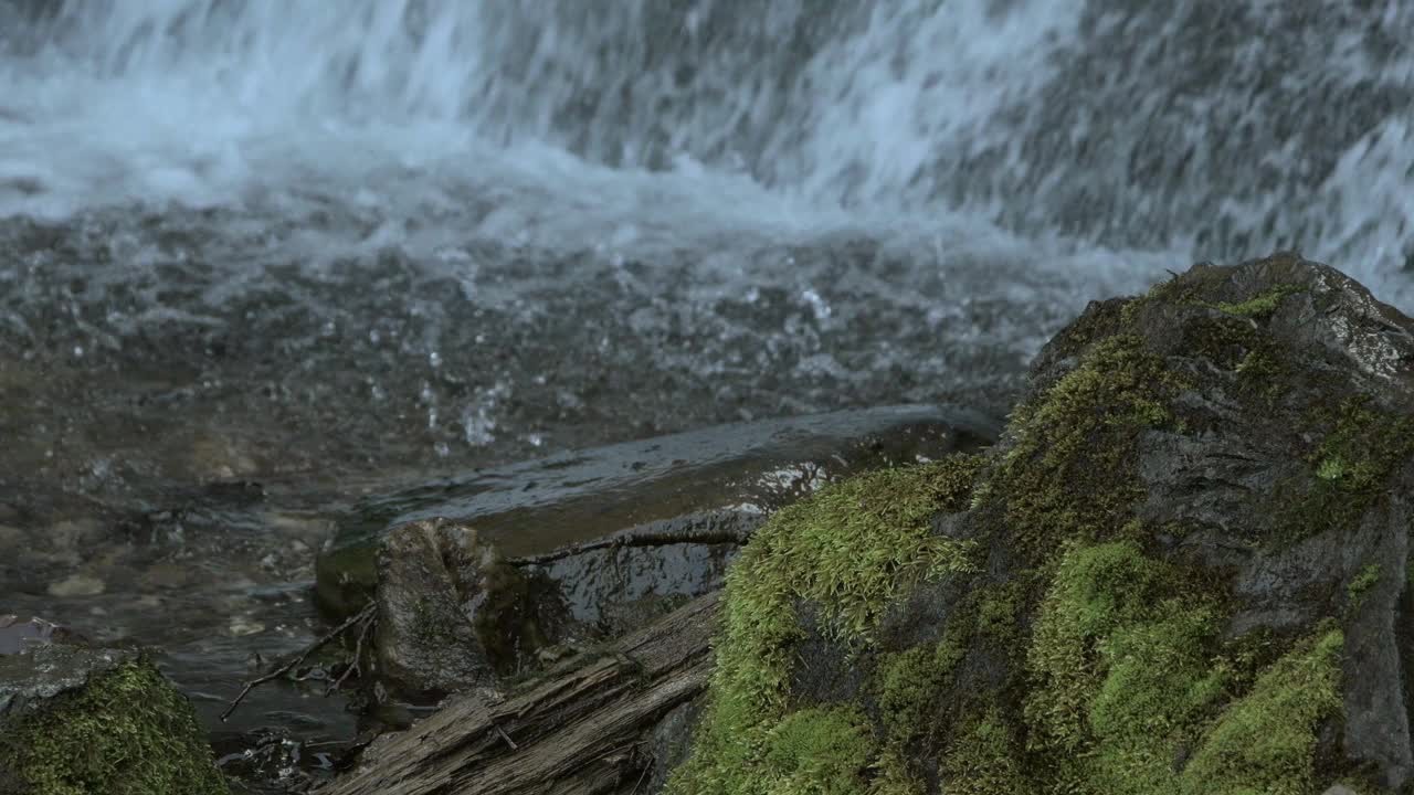 潮湿的石头在山瀑布的背景。水柱形成泡沫飞溅而下。透过清澈的溪流可以看到石底。河崖青苔视频素材