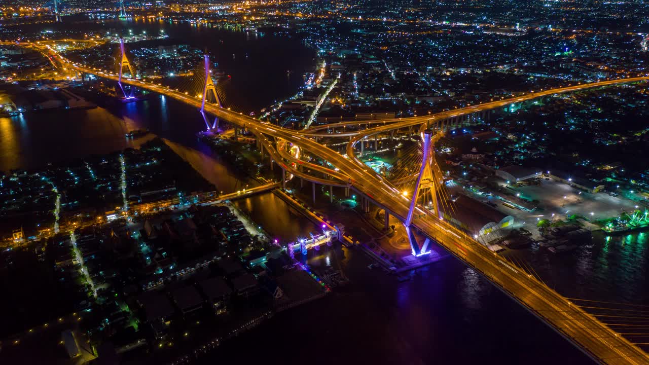 泰国曼谷普密蓬悬索桥夜间鸟瞰图视频素材