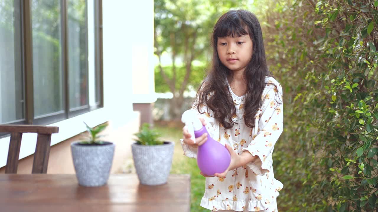 小女孩在早上给一株小植物浇水视频素材