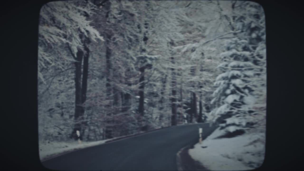 在冬天开车穿过积雪的森林视频素材