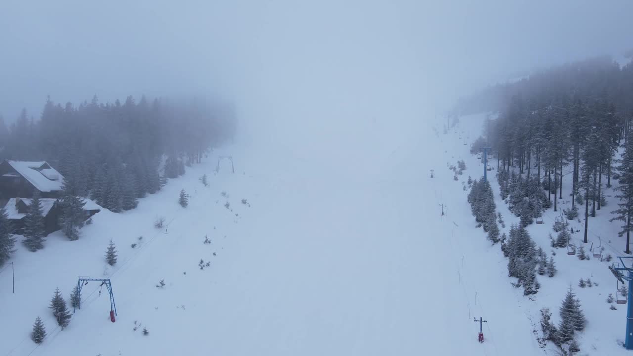 在暴风雪和大风期间，无人机查看滑雪场。视频素材