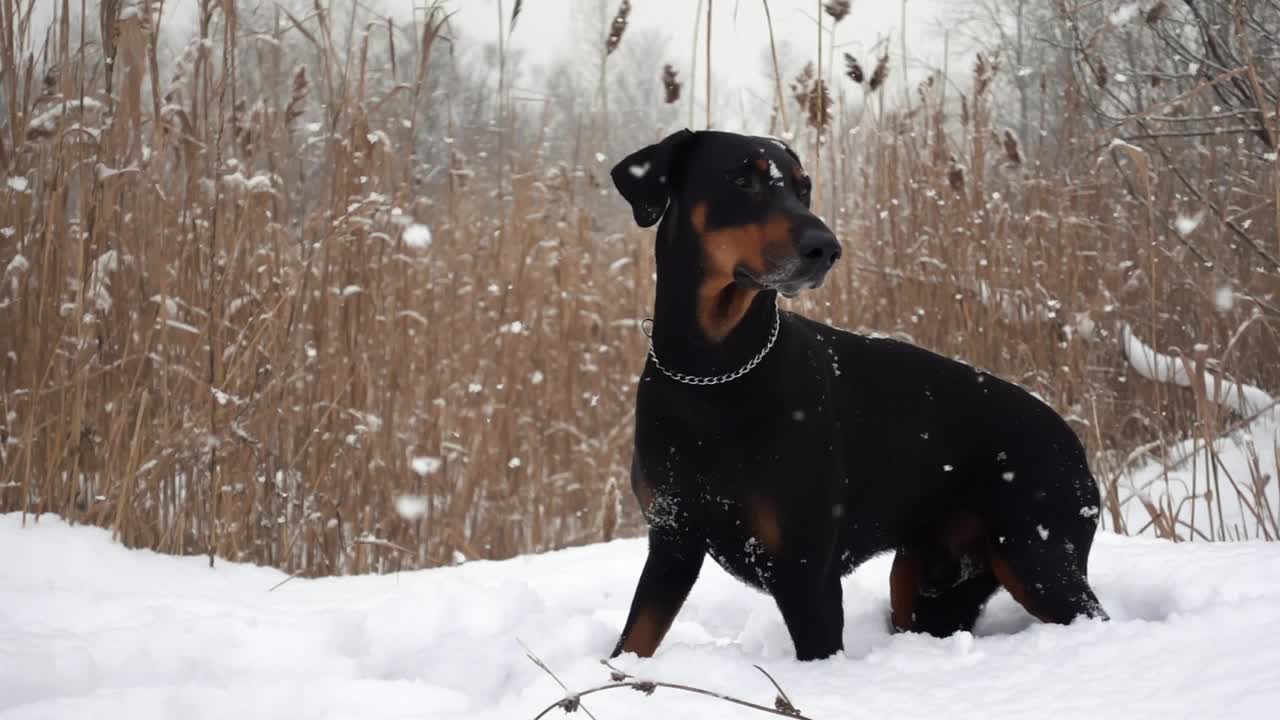 一只纯种的黑狗缓缓地站在一片芦苇背景下的雪花中视频素材