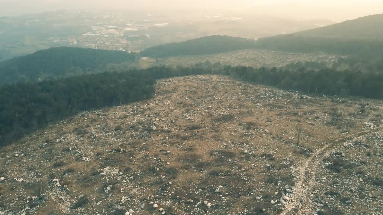 鸟瞰蜿蜒穿过毁林地区的土路视频素材