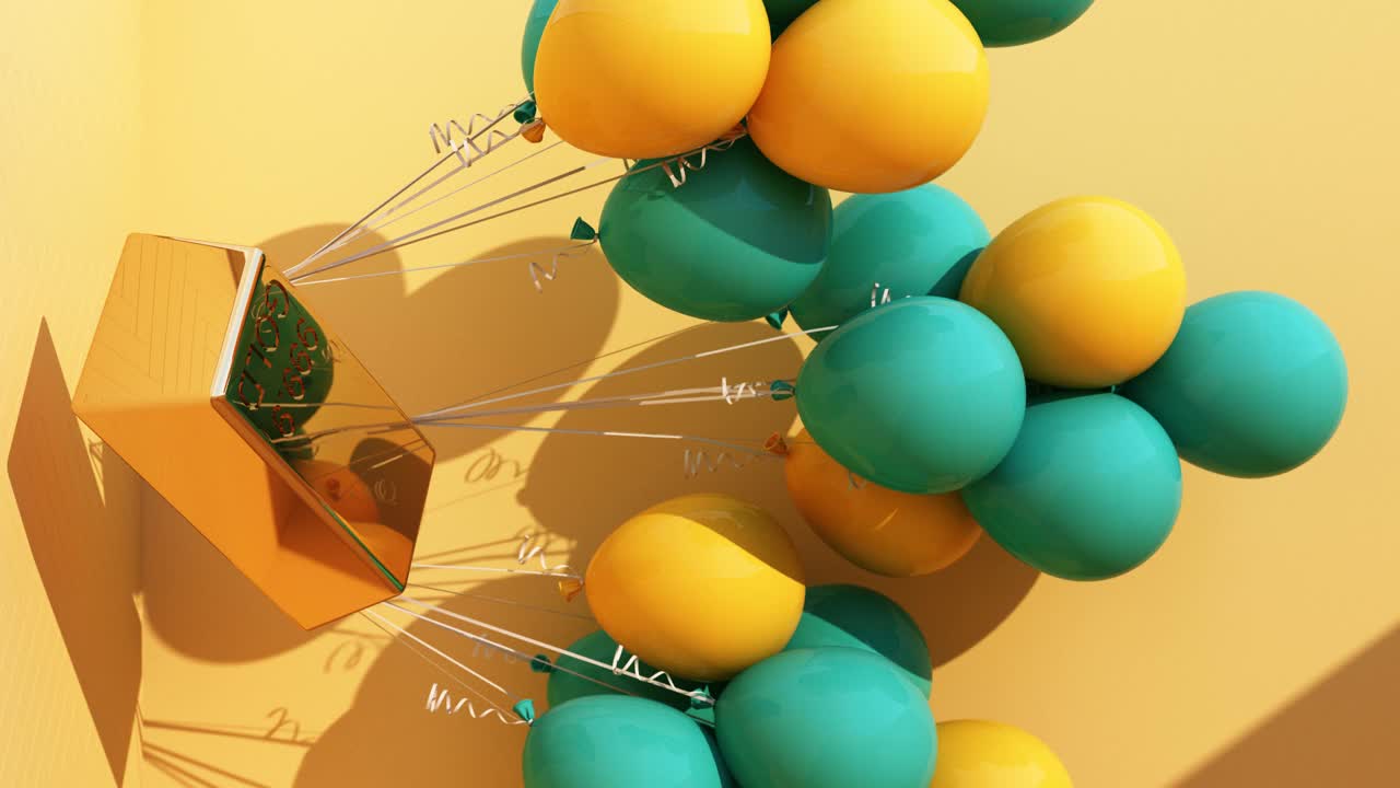 黄色气球与金条绑在一起，它正在向上拉动三维动画循环垂直框架视频素材