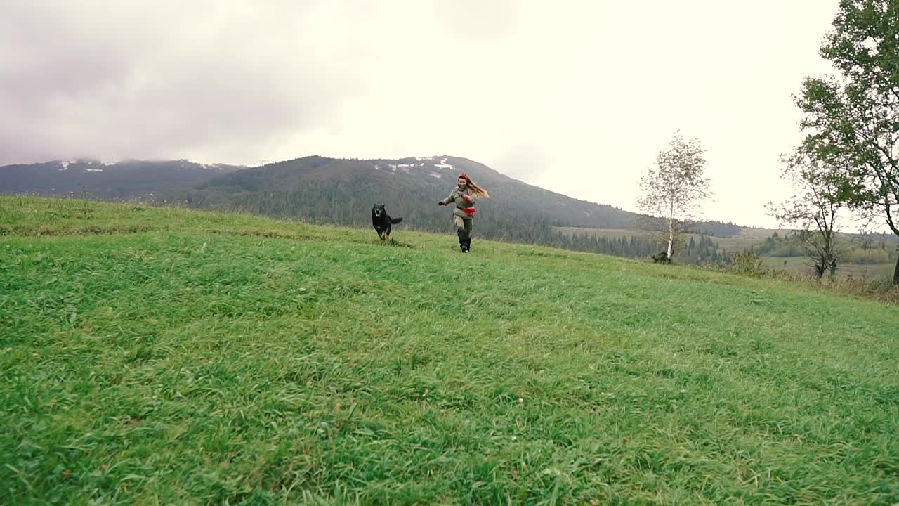 旅行。一个女孩牵着一只狗穿过草原，背景是群山。视频素材